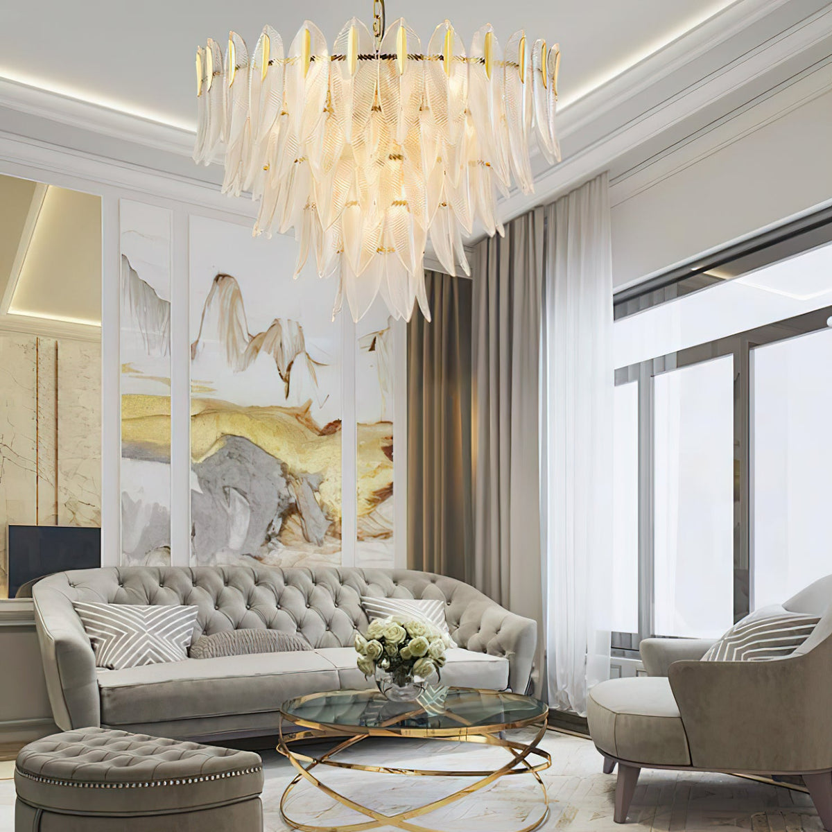 Novida Chandelier - Neoclassical Layered Brass & Tiered Glass Light