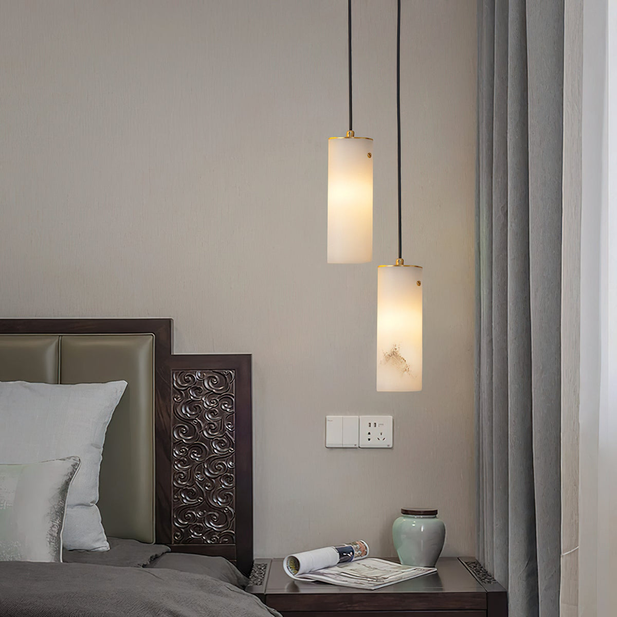 Nula Vertical Alabaster Pendant Light - Hand-Carved Natural Stone Cylinder