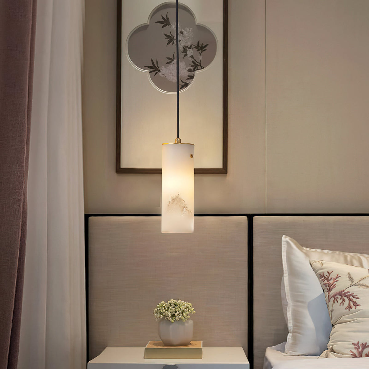 Nula Vertical Alabaster Pendant Light - Hand-Carved Natural Stone Cylinder