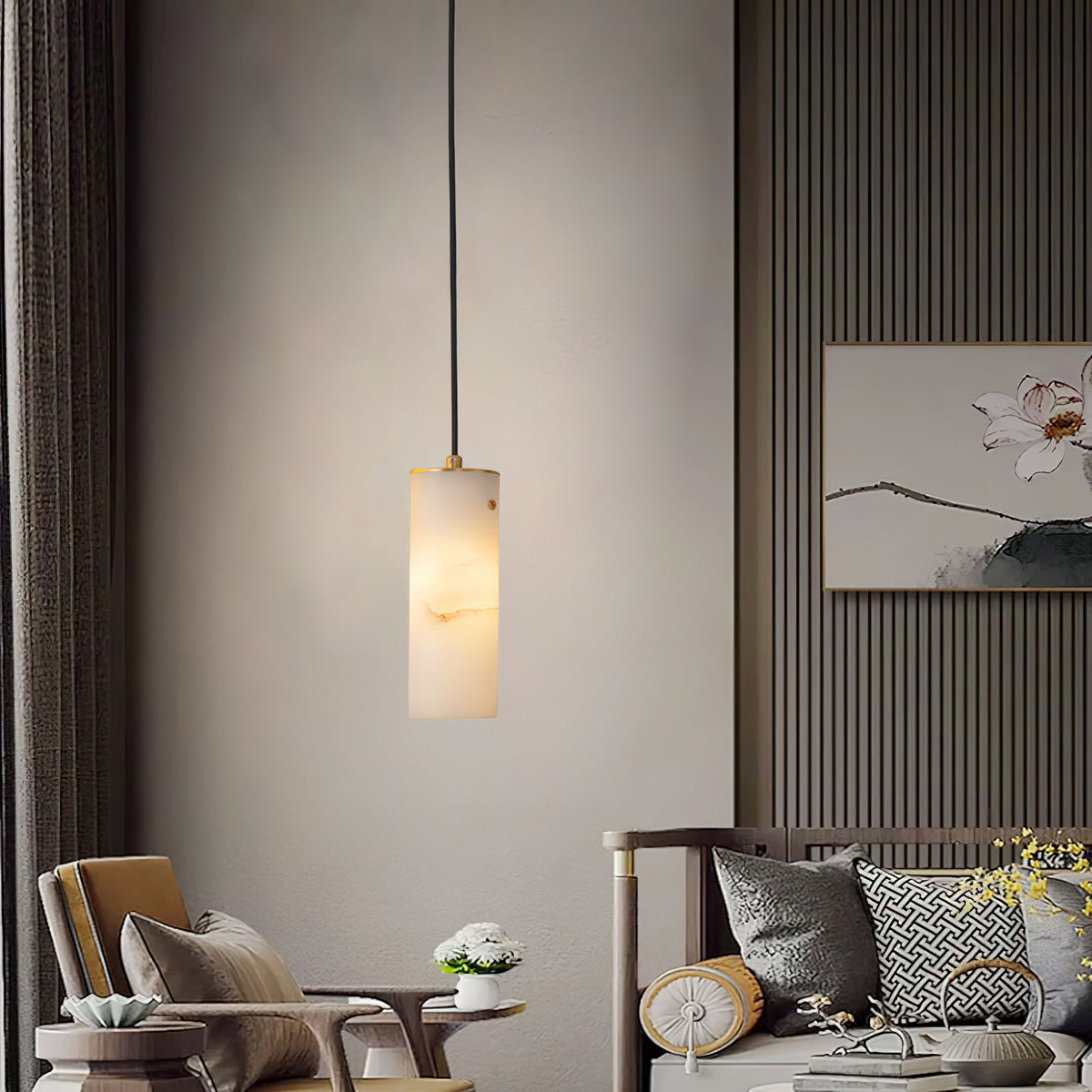 Nula Vertical Alabaster Pendant Light - Hand-Carved Natural Stone Cylinder