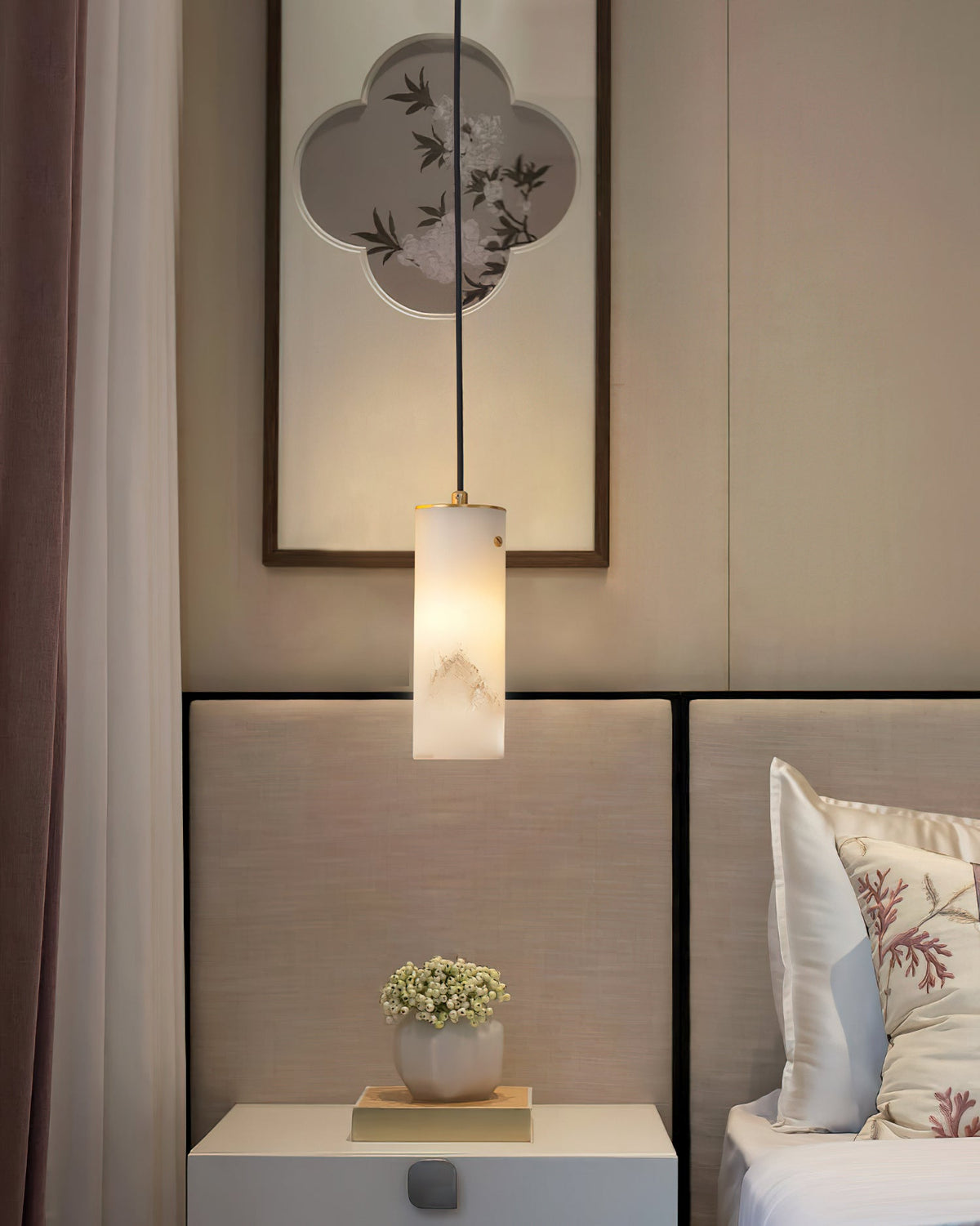 Nula Vertical Alabaster Pendant Light - Hand-Carved Natural Stone Cylinder