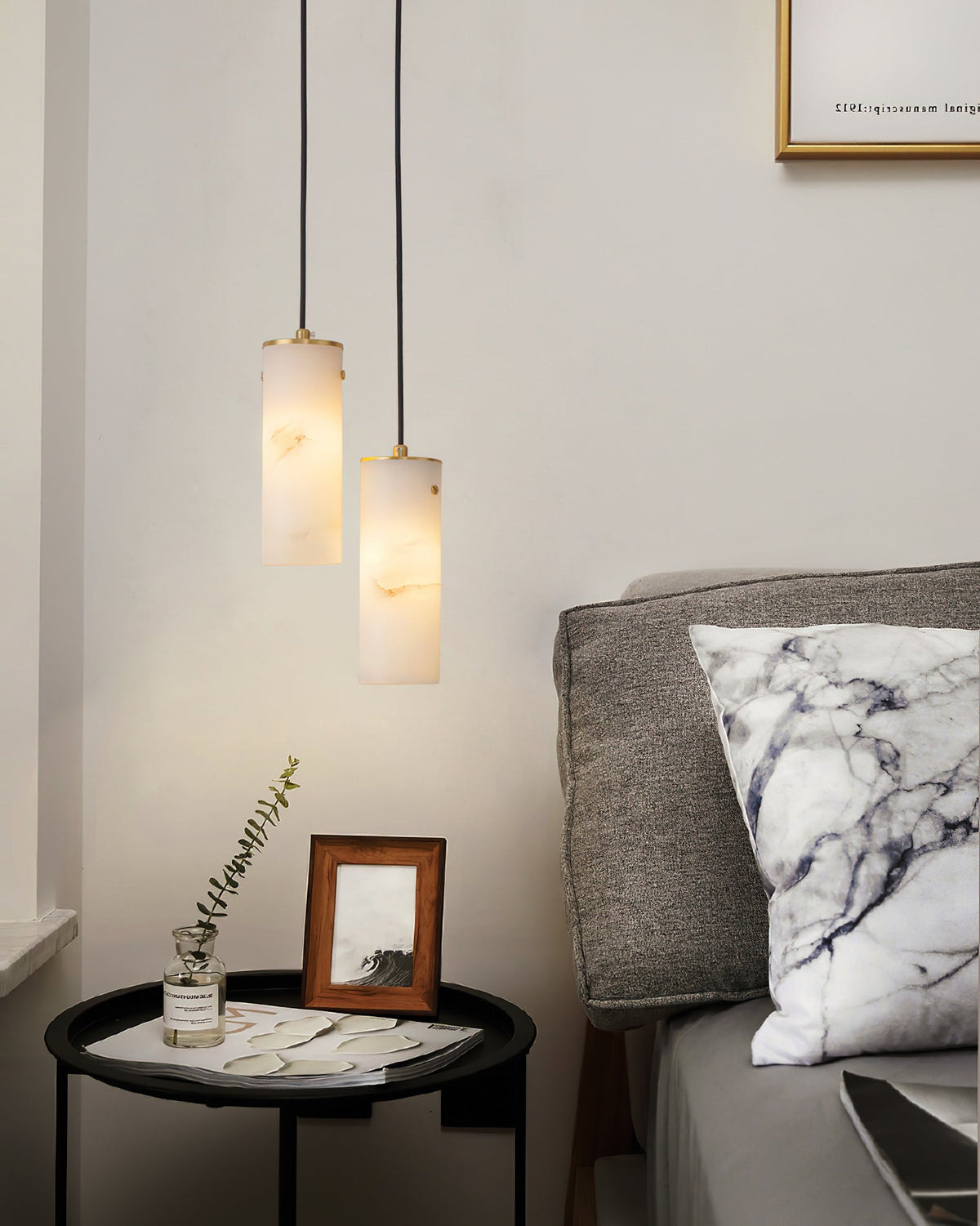 Nula Vertical Alabaster Pendant Light - Hand-Carved Natural Stone Cylinder