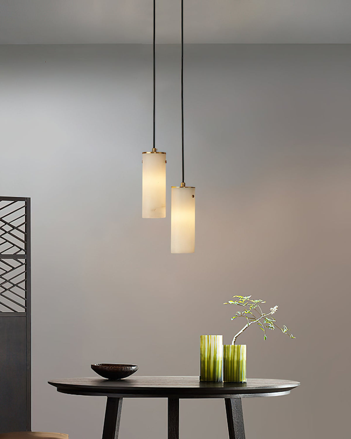 Nula Vertical Alabaster Pendant Light - Hand-Carved Natural Stone Cylinder