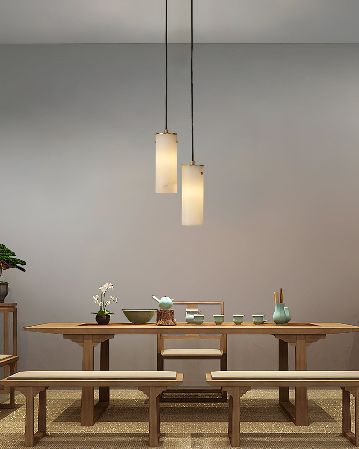 Nula Vertical Alabaster Pendant Light - Hand-Carved Natural Stone Cylinder