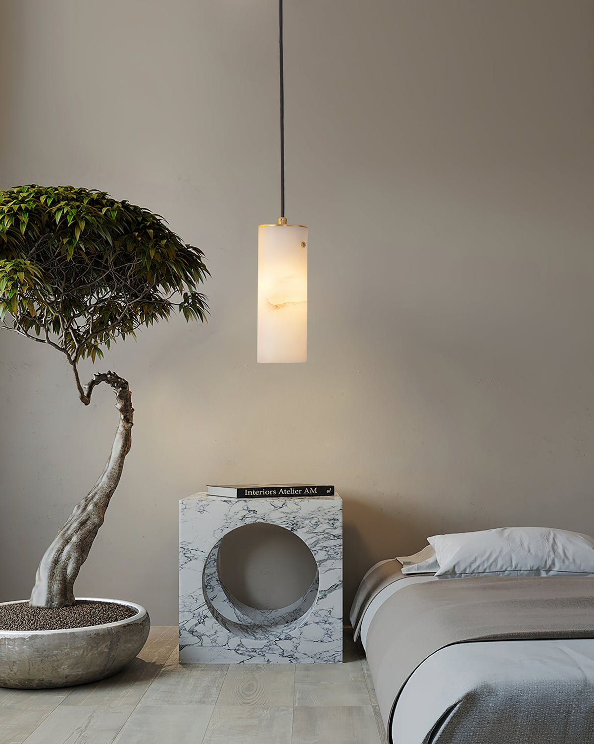 Nula Vertical Alabaster Pendant Light - Hand-Carved Natural Stone Cylinder