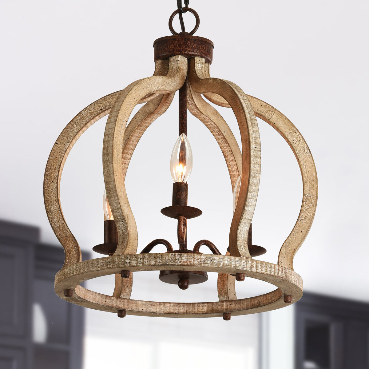Oaks Aura Farmhouse Pendant Lamp - French Country Crown Wood Chandelier