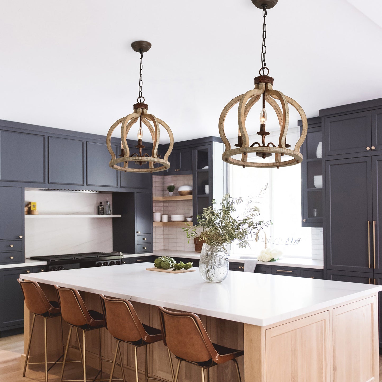 Oaks Aura Farmhouse Pendant Lamp - French Country Crown Wood Chandelier