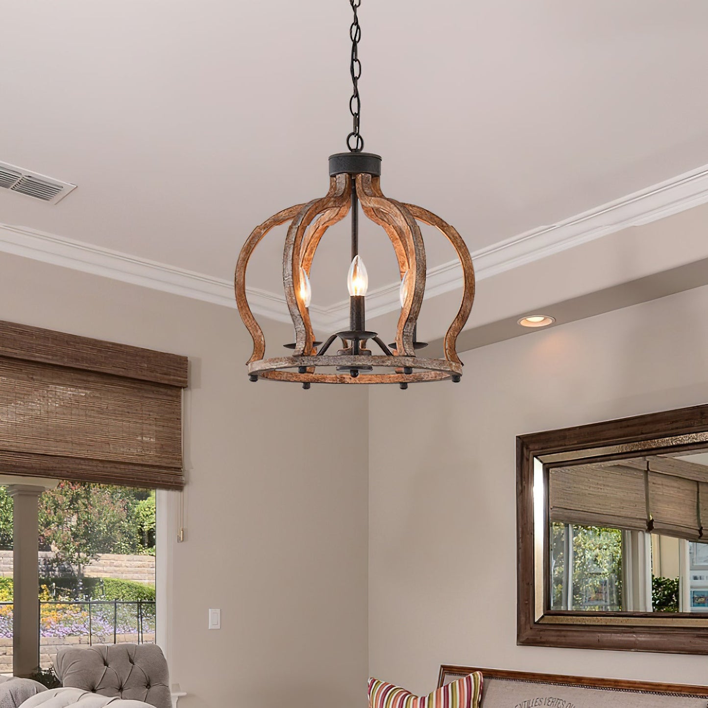Oaks Aura Farmhouse Pendant Lamp - French Country Crown Wood Chandelier