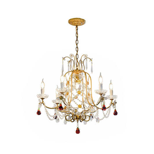 Odette Elysian Chandelier - Gold Leaf Crystal Light with Red Pear Drops