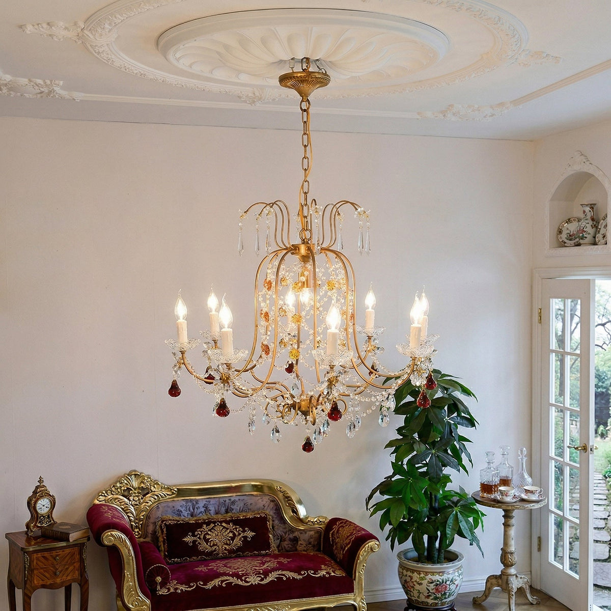 Odette Elysian Chandelier - Gold Leaf Crystal Light with Red Pear Drops