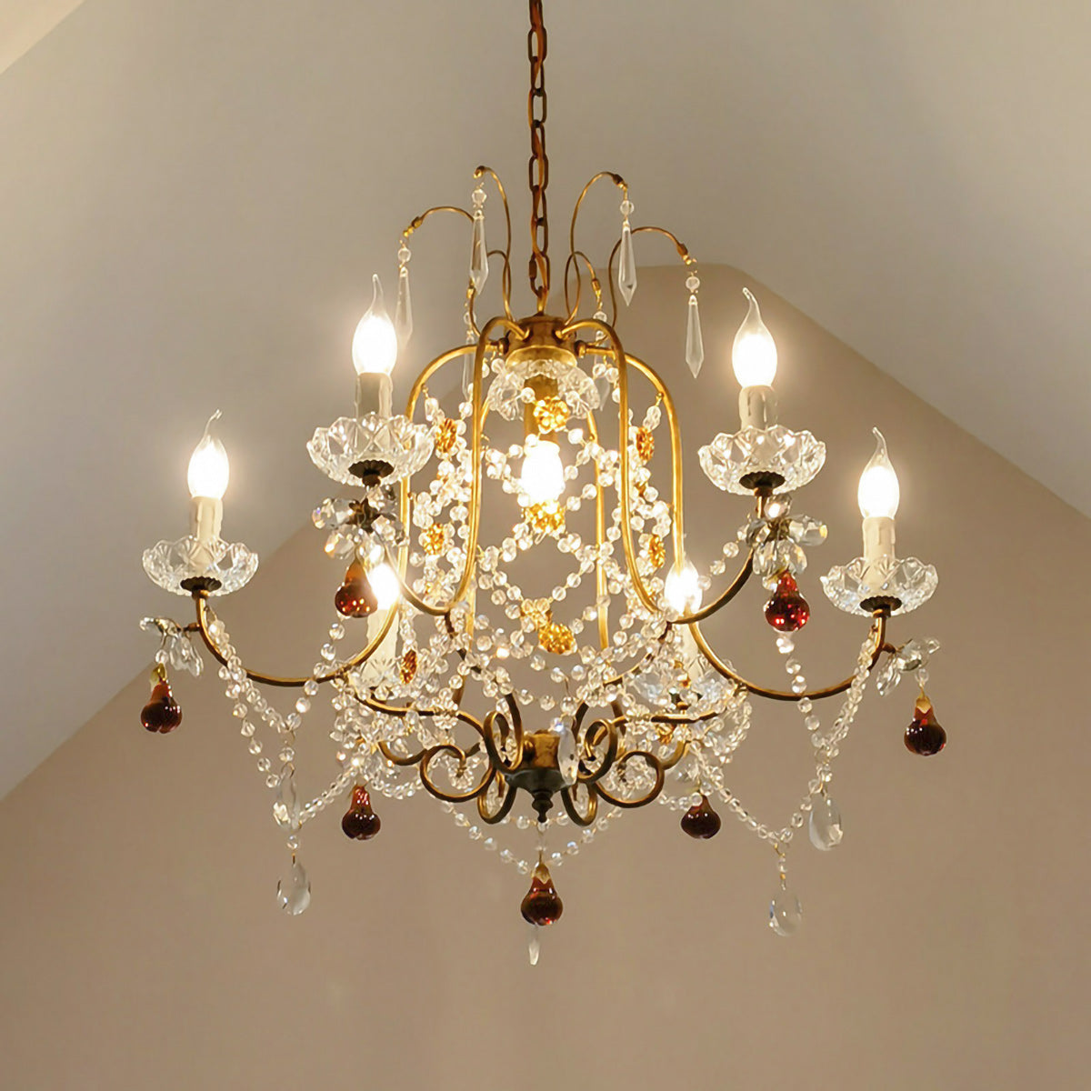 Odette Elysian Chandelier - Gold Leaf Crystal Light with Red Pear Drops