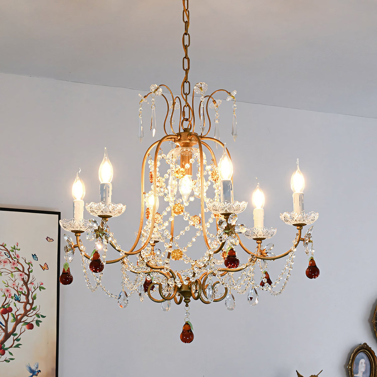 Odette Elysian Chandelier - Gold Leaf Crystal Light with Red Pear Drops