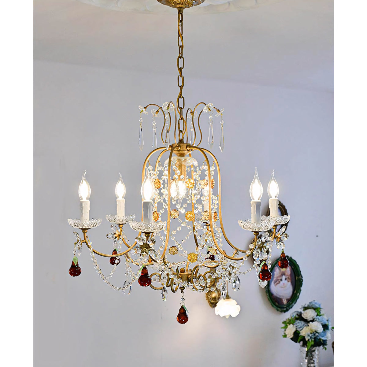 Odette Elysian Chandelier - Gold Leaf Crystal Light with Red Pear Drops