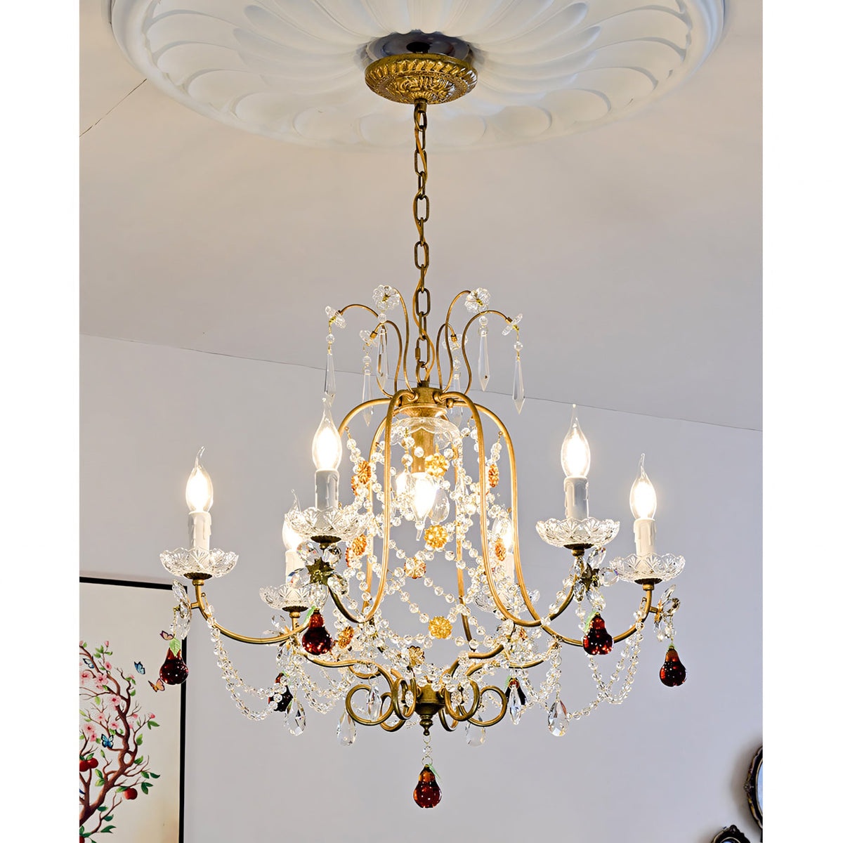 Odette Elysian Chandelier - Gold Leaf Crystal Light with Red Pear Drops