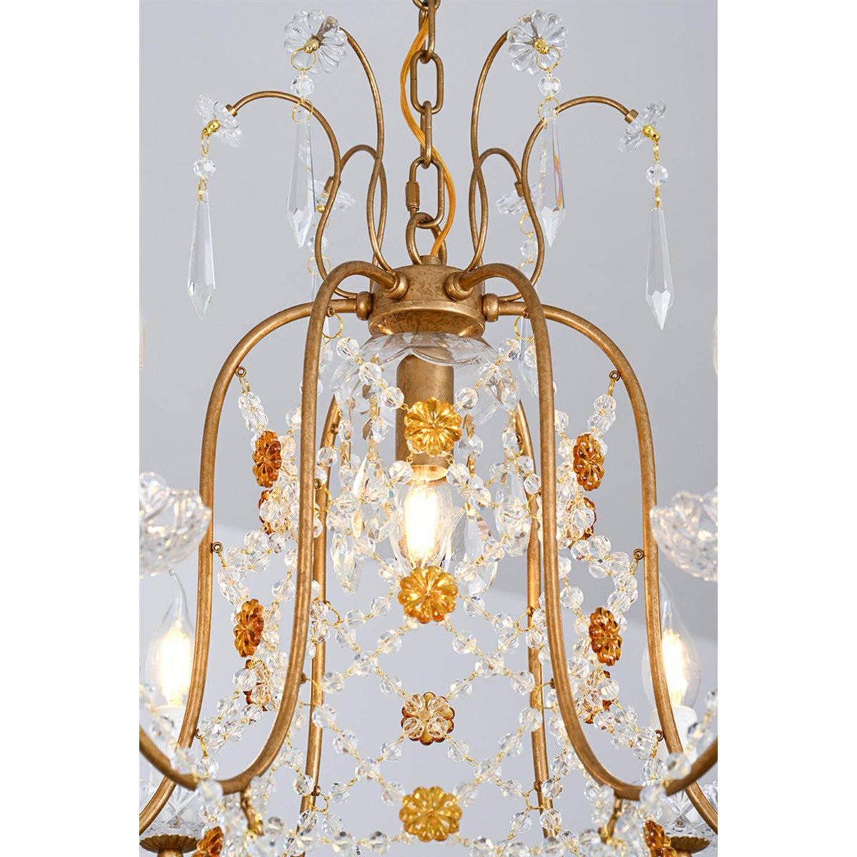 Odette Elysian Chandelier - Gold Leaf Crystal Light with Red Pear Drops