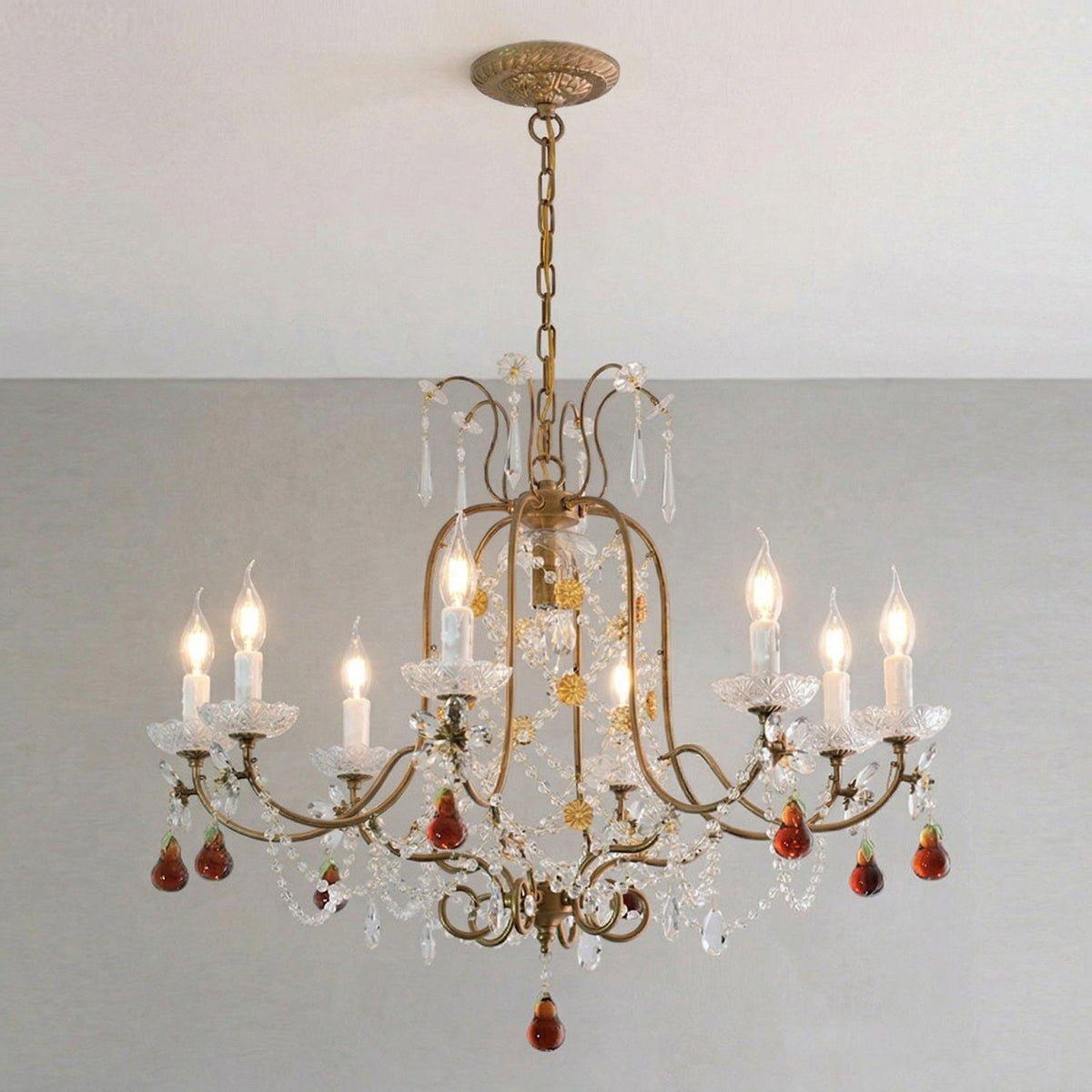 Odette Elysian Chandelier - Gold Leaf Crystal Light with Red Pear Drops
