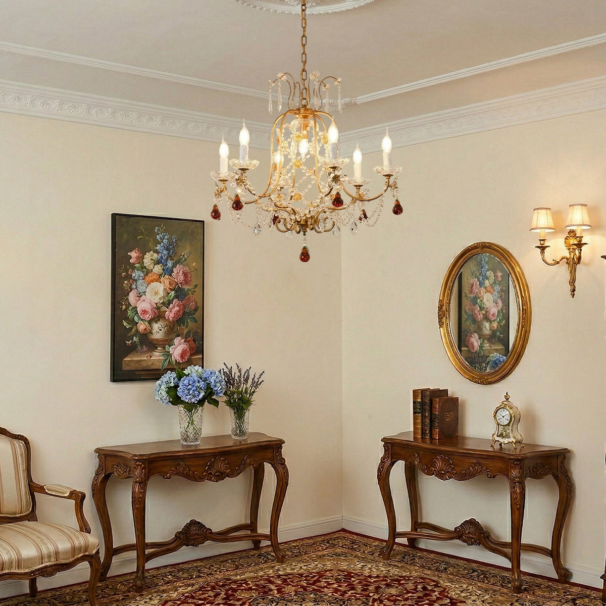 Odette Elysian Chandelier - Gold Leaf Crystal Light with Red Pear Drops