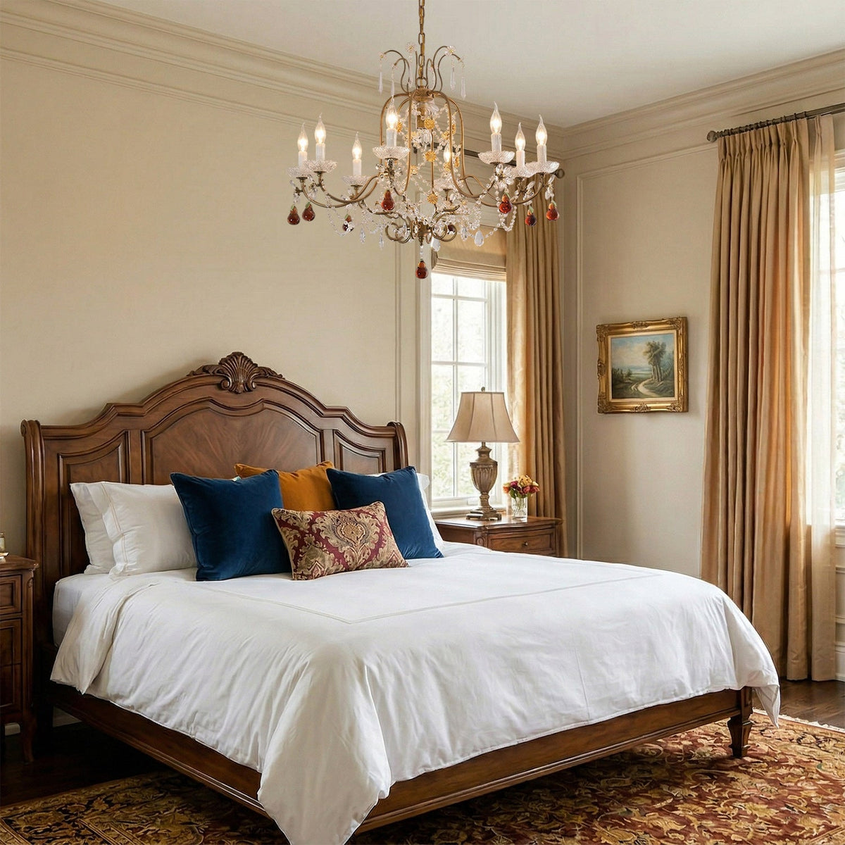 Odette Elysian Chandelier - Gold Leaf Crystal Light with Red Pear Drops