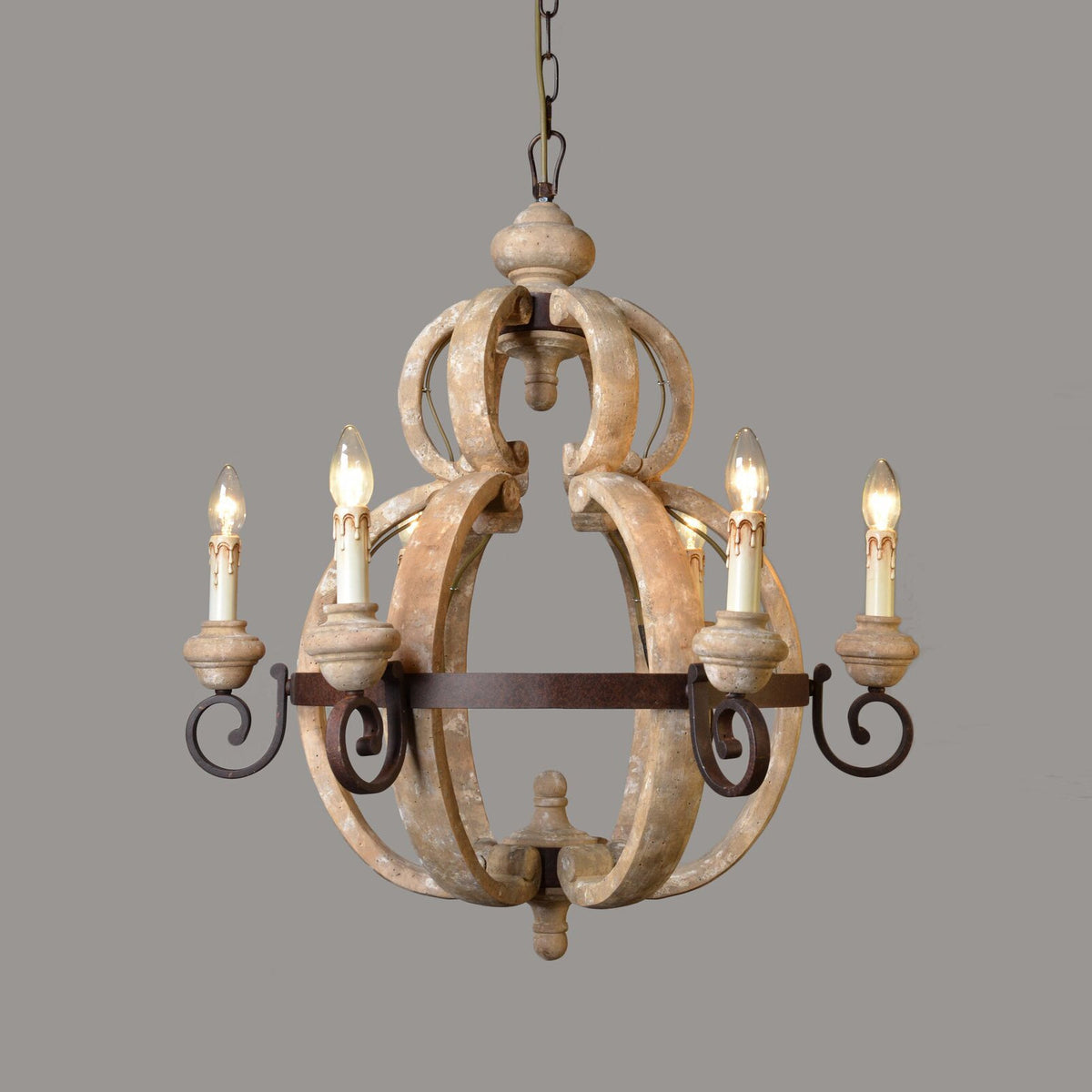 Odum Traditional Chandelier - Distressed Solid Wood & Rust Iron Farmhouse Light