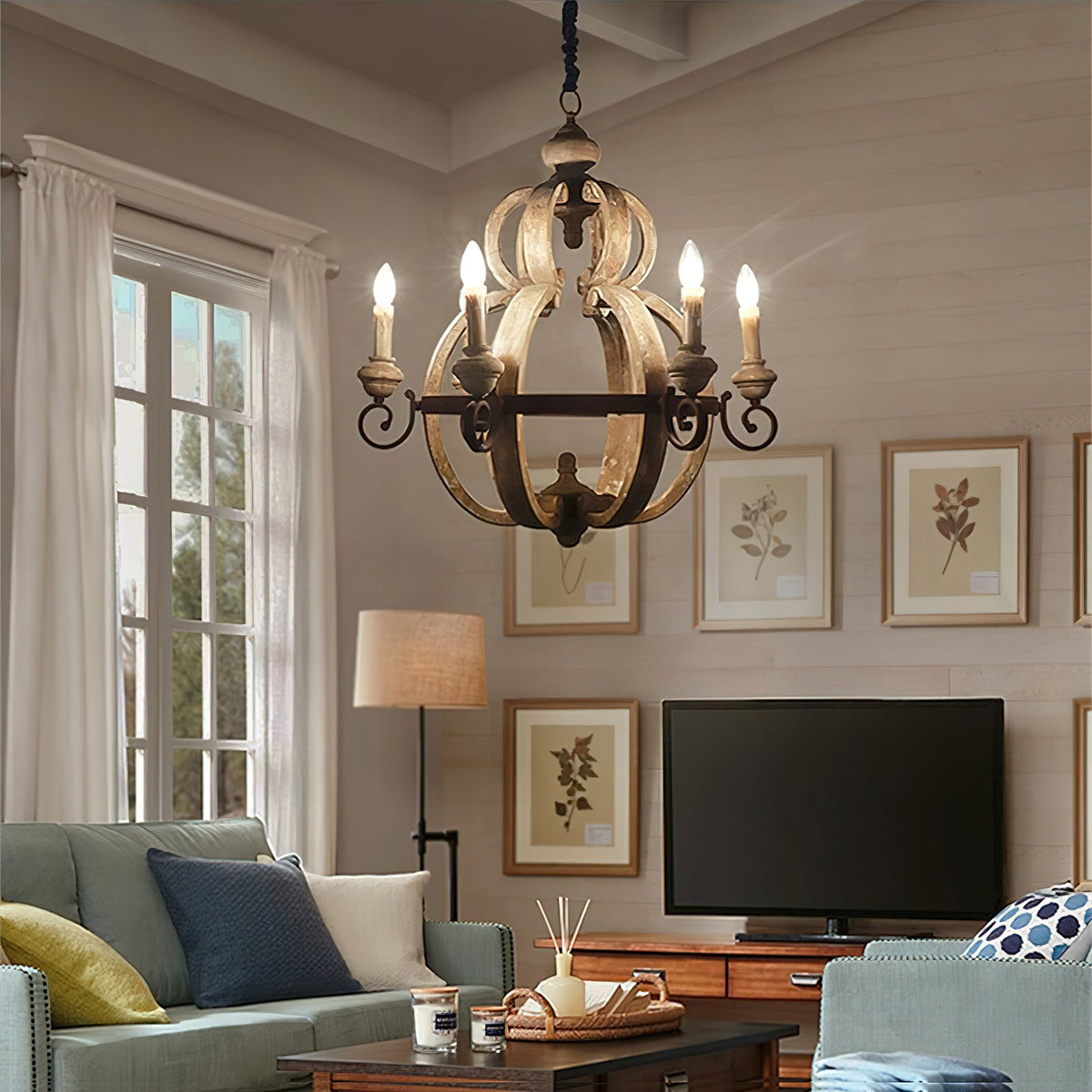 Odum Traditional Chandelier - Distressed Solid Wood & Rust Iron Farmhouse Light