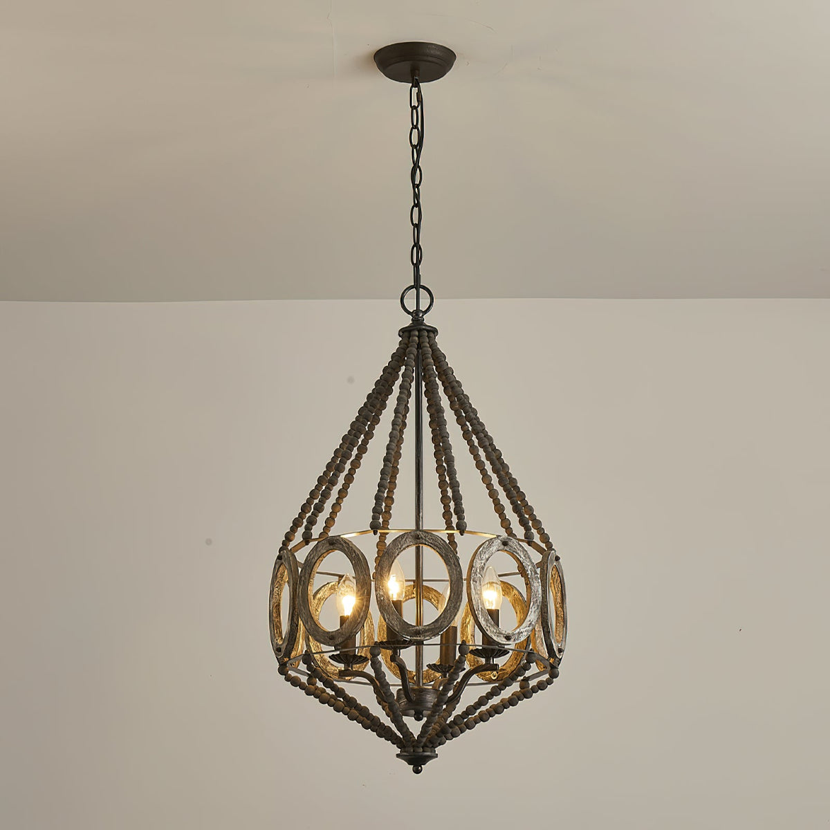Oglesby Chandelier - Rustic Wood Bead & Distressed Metal Pendant Light