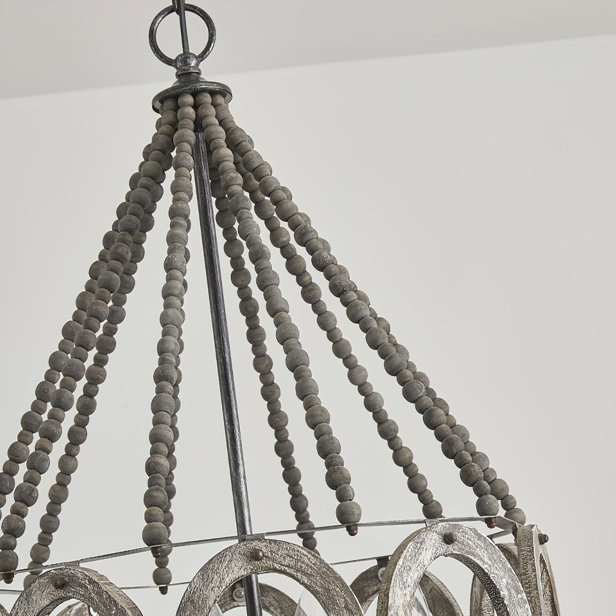 Oglesby Chandelier - Rustic Wood Bead & Distressed Metal Pendant Light