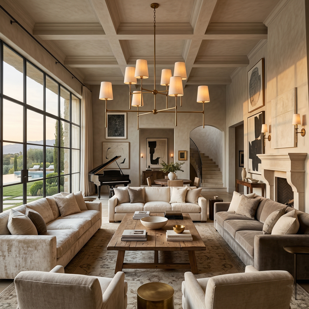 Rhodes Round Chandelier - Brass Frame & Linen Torch Shades