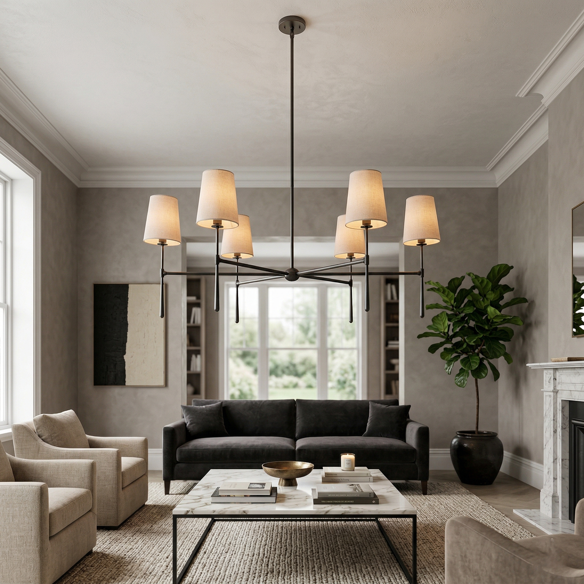 Rhodes Round Chandelier - Brass Frame & Linen Torch Shades