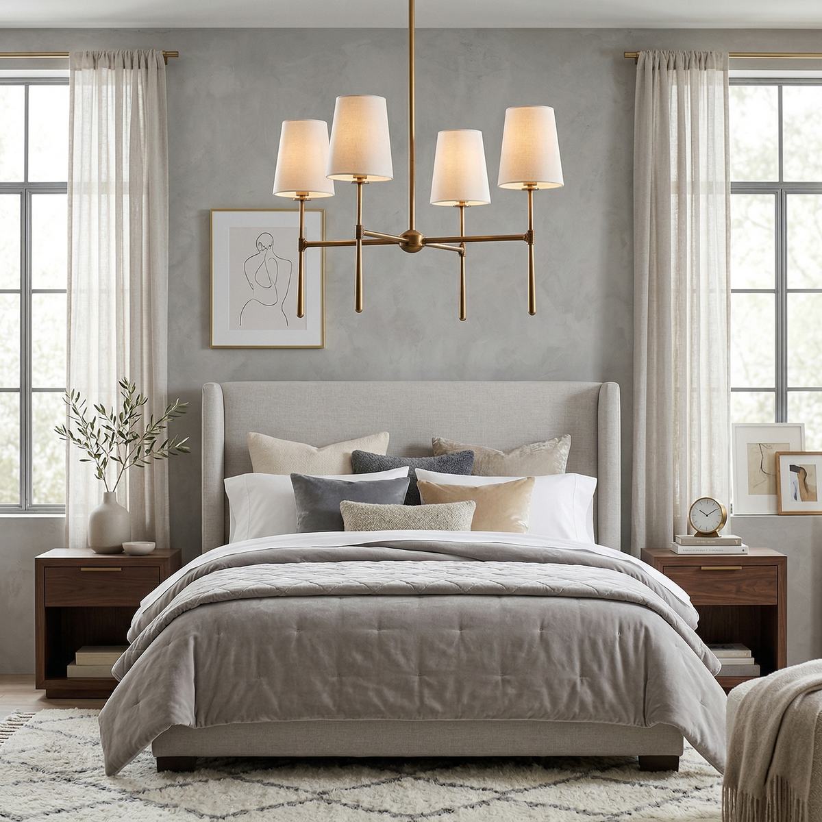 Rhodes Round Chandelier - Brass Frame & Linen Torch Shades