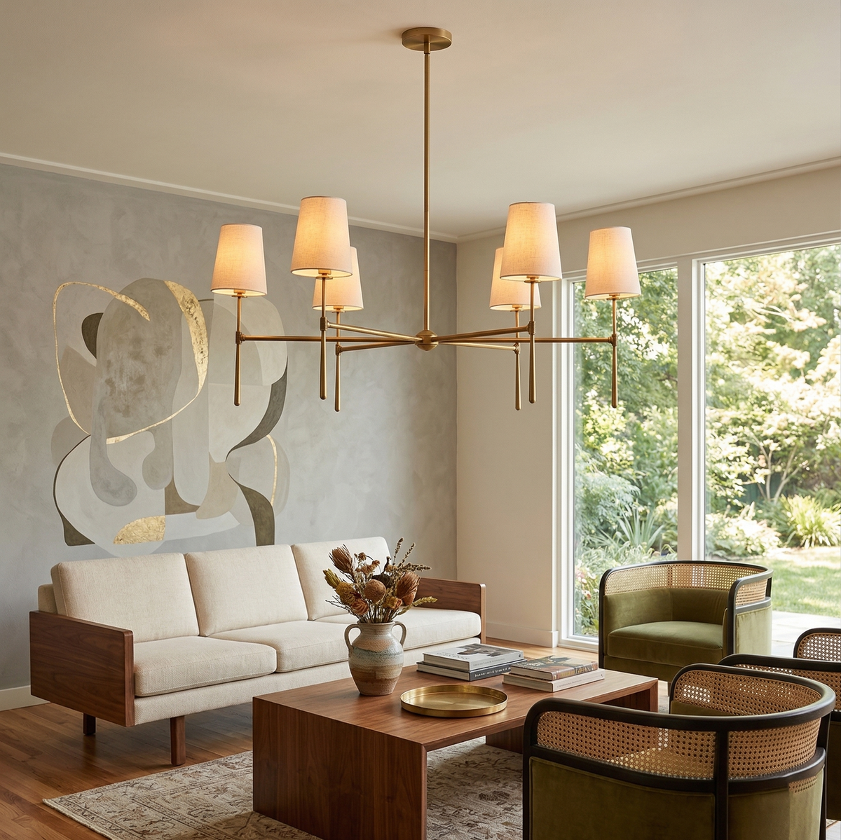 Rhodes Round Chandelier - Brass Frame & Linen Torch Shades