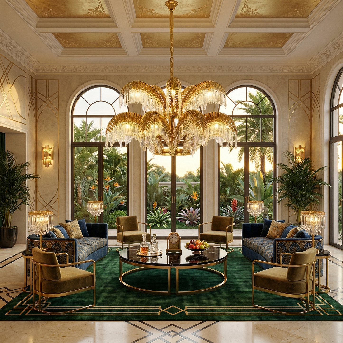 Brass Palm Leaf Crystal Chandelier - Luxury Tropical K9 Crystal Statement Light