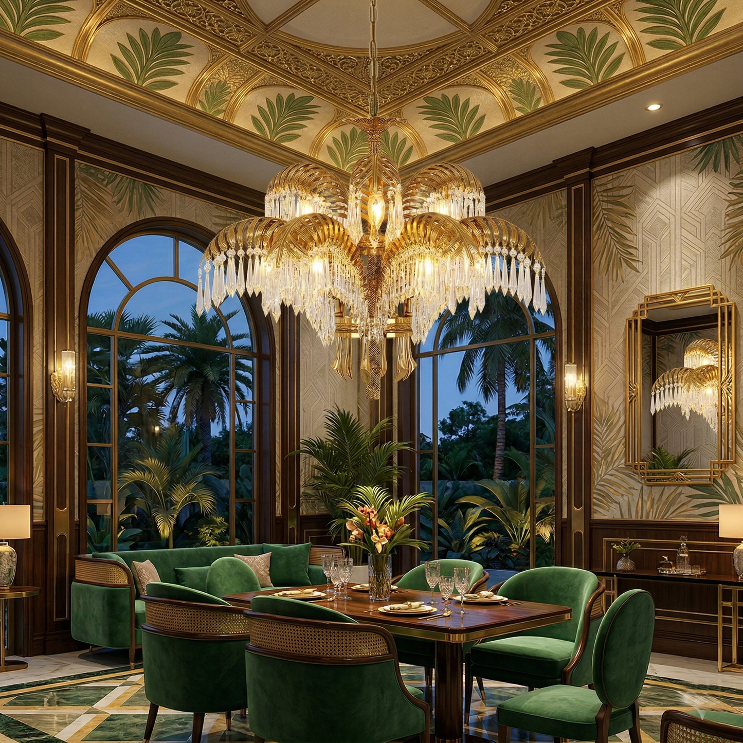 Brass Palm Leaf Crystal Chandelier - Luxury Tropical K9 Crystal Statement Light