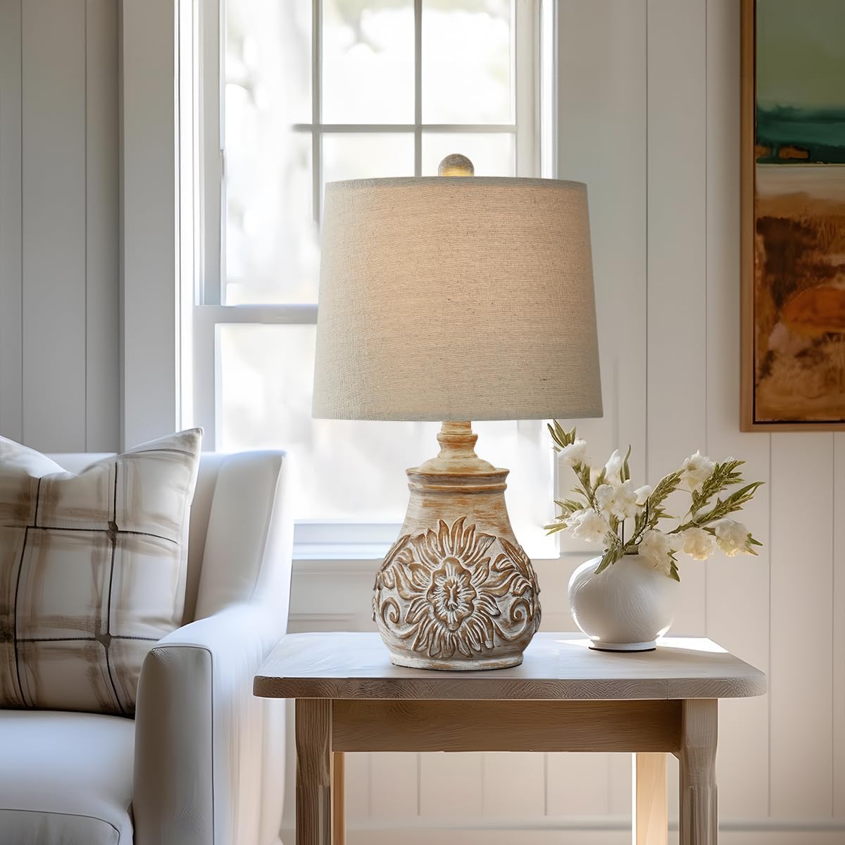 Oneach Retro Table Lamp - Hand-Carved Floral Wood Base & Fabric Shade
