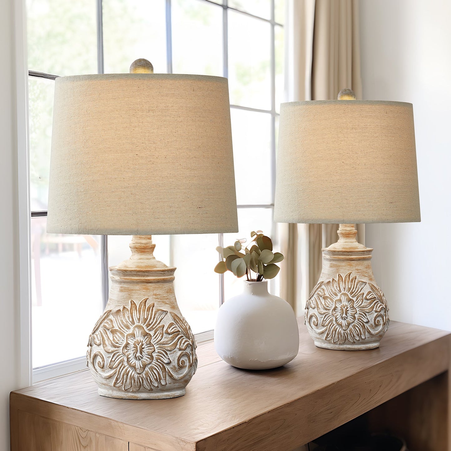 Oneach Retro Table Lamp - Hand-Carved Floral Wood Base & Fabric Shade