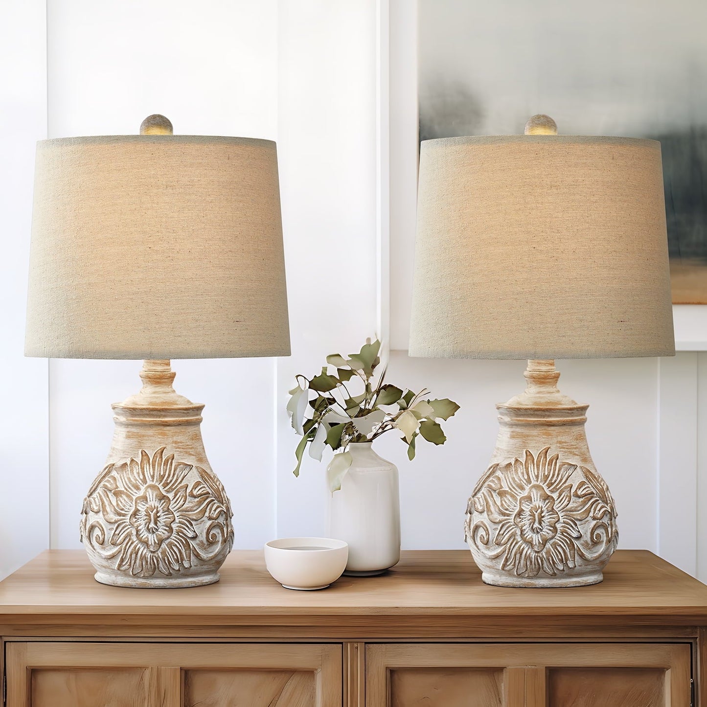 Oneach Retro Table Lamp - Hand-Carved Floral Wood Base & Fabric Shade