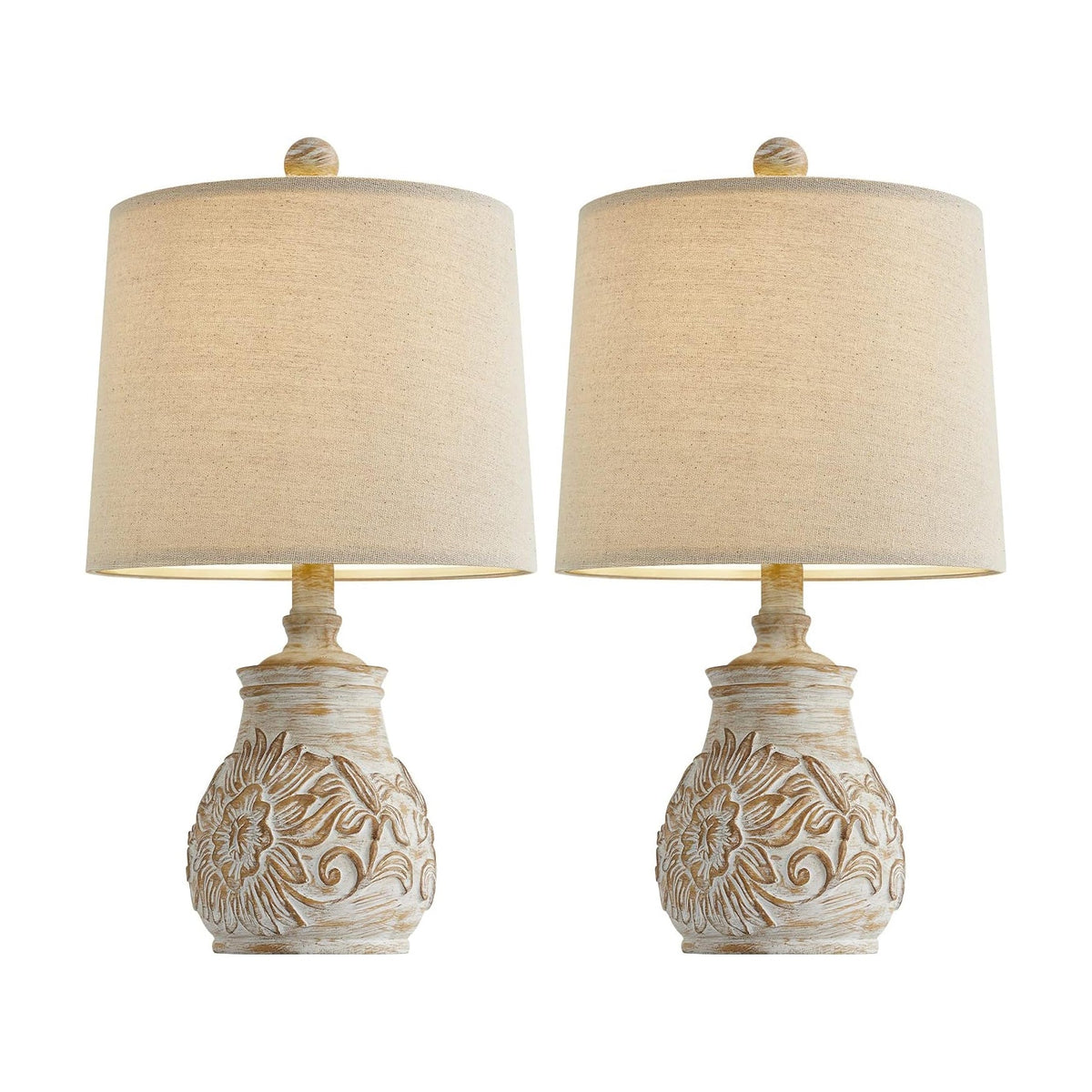 Oneach Retro Table Lamp - Hand-Carved Floral Wood Base & Fabric Shade