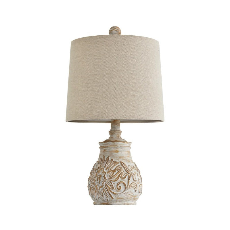 Oneach Retro Table Lamp - Hand-Carved Floral Wood Base & Fabric Shade