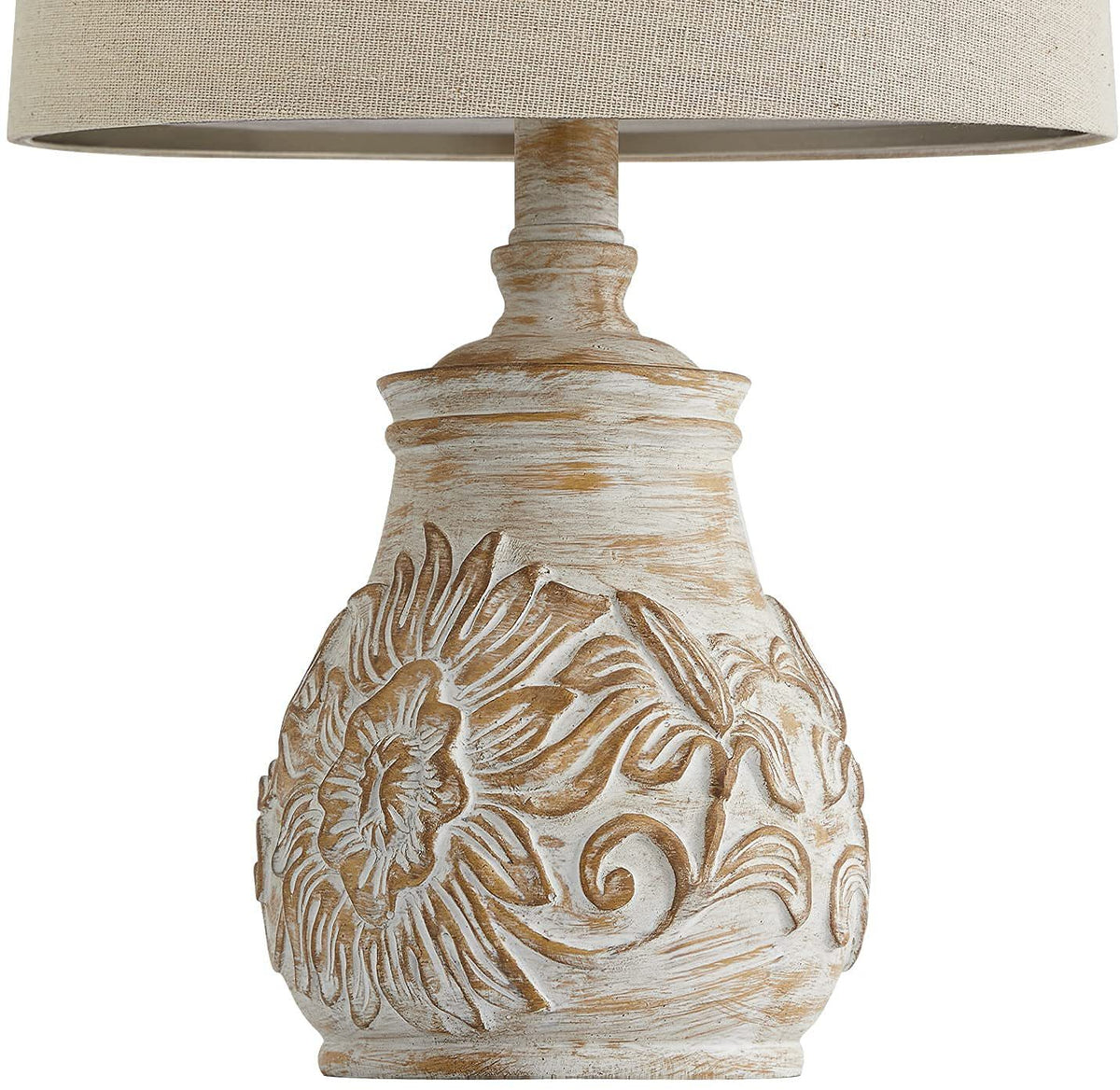 Oneach Retro Table Lamp - Hand-Carved Floral Wood Base & Fabric Shade