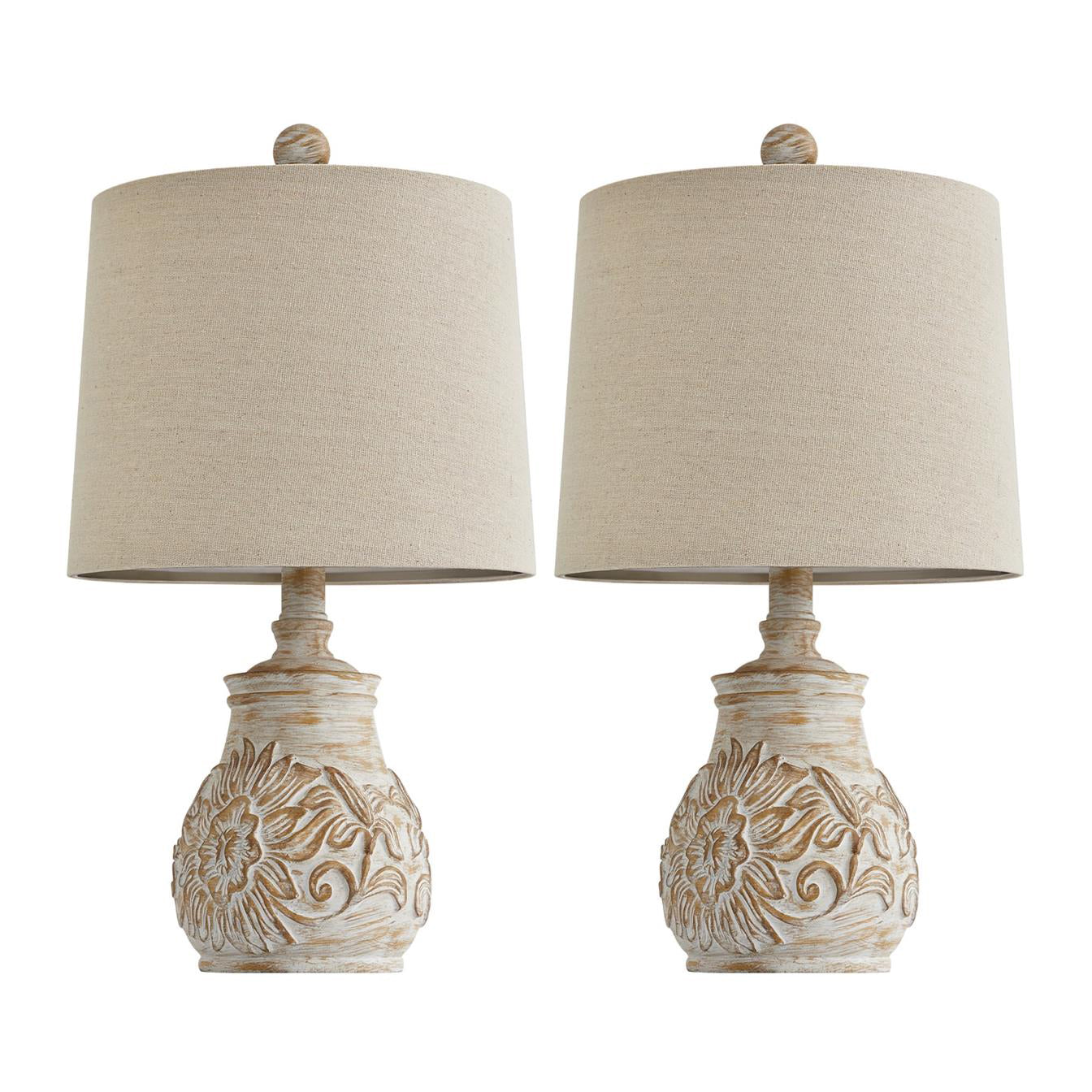Oneach Retro Table Lamp - Hand-Carved Floral Wood Base & Fabric Shade