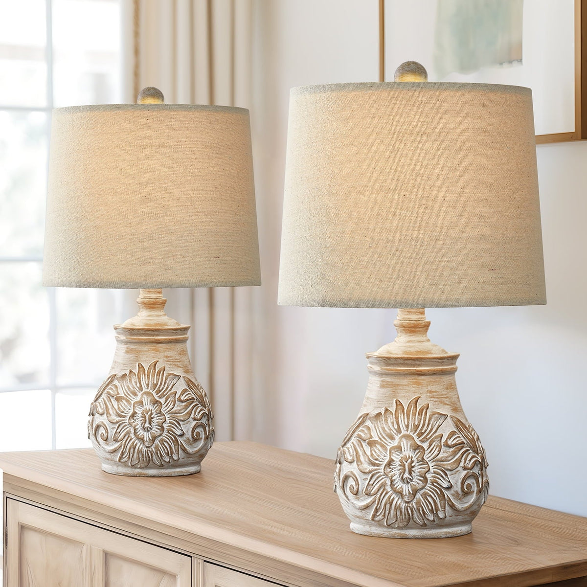 Oneach Retro Table Lamp - Hand-Carved Floral Wood Base & Fabric Shade