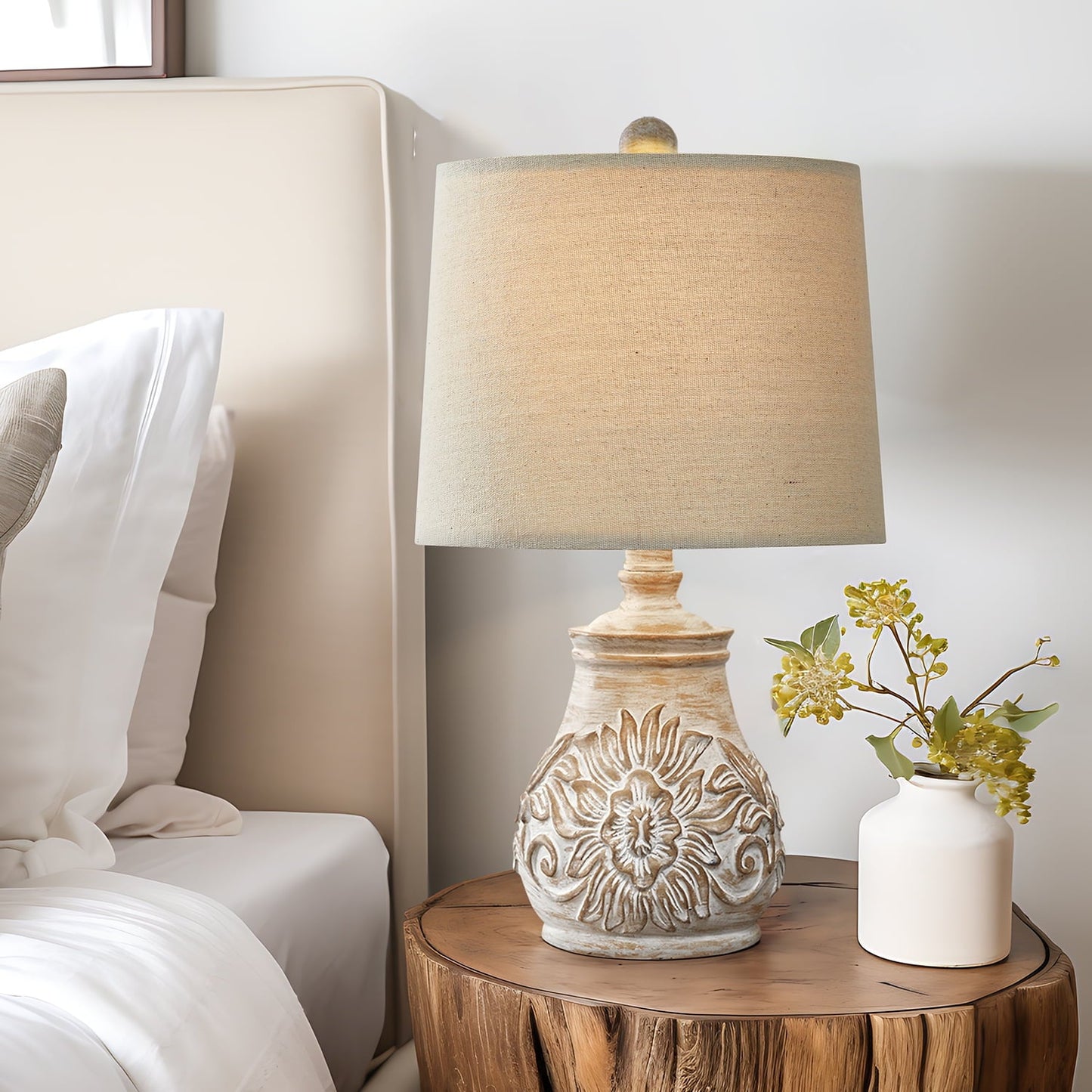 Oneach Retro Table Lamp - Hand-Carved Floral Wood Base & Fabric Shade