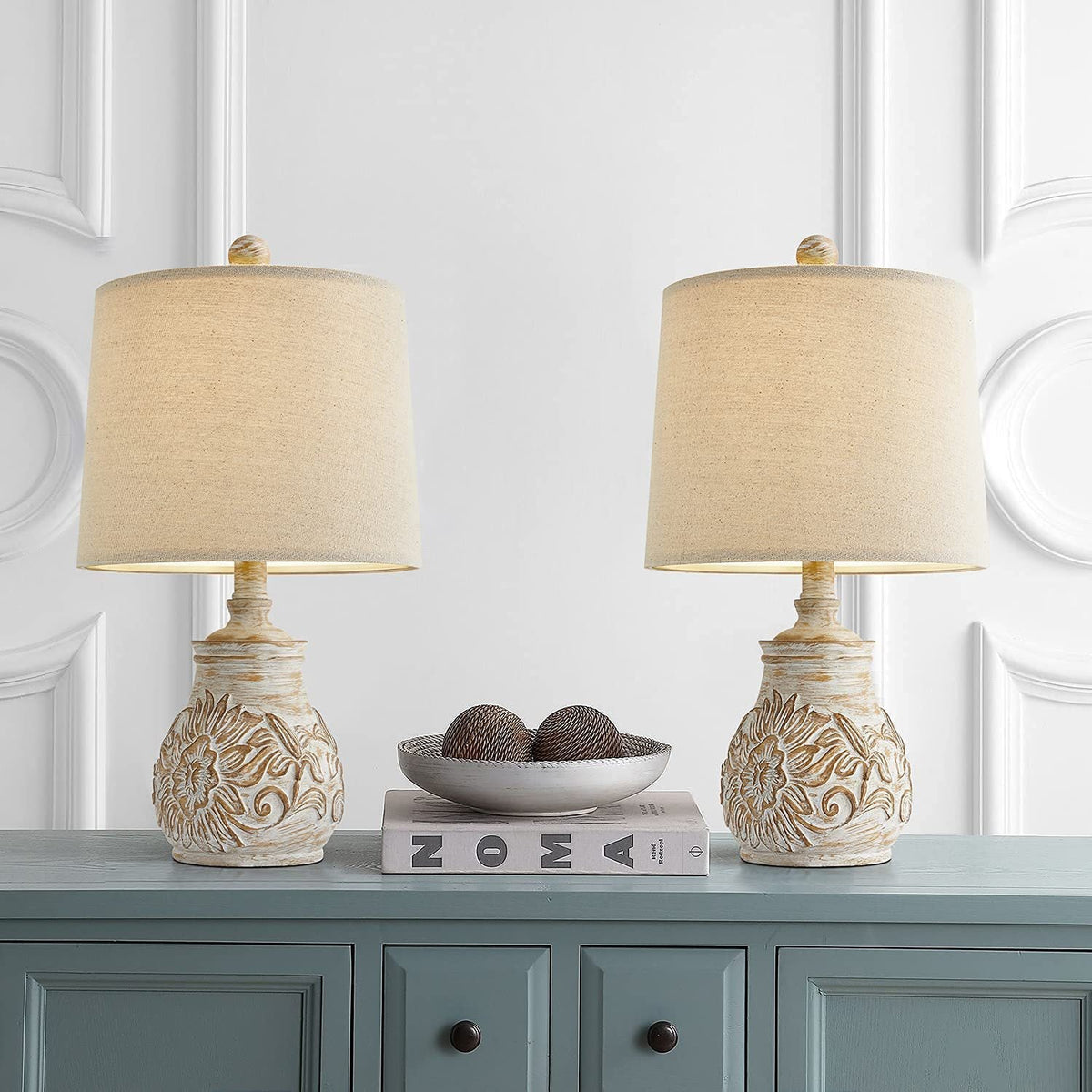 Oneach Retro Table Lamp - Hand-Carved Floral Wood Base & Fabric Shade