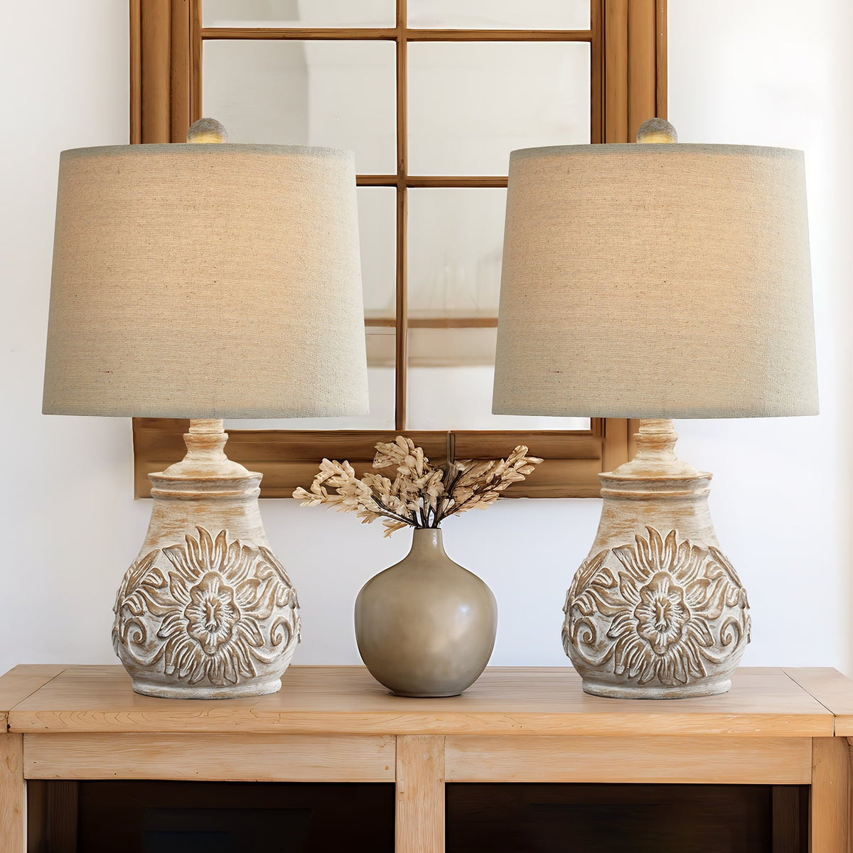 Oneach Retro Table Lamp - Hand-Carved Floral Wood Base & Fabric Shade
