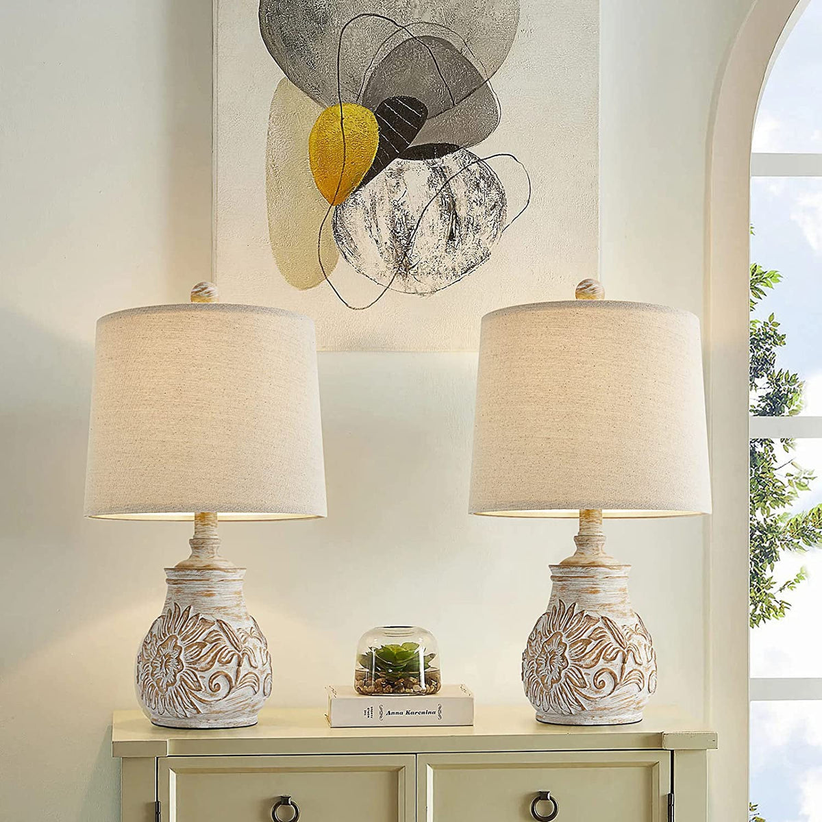 Oneach Retro Table Lamp - Hand-Carved Floral Wood Base & Fabric Shade