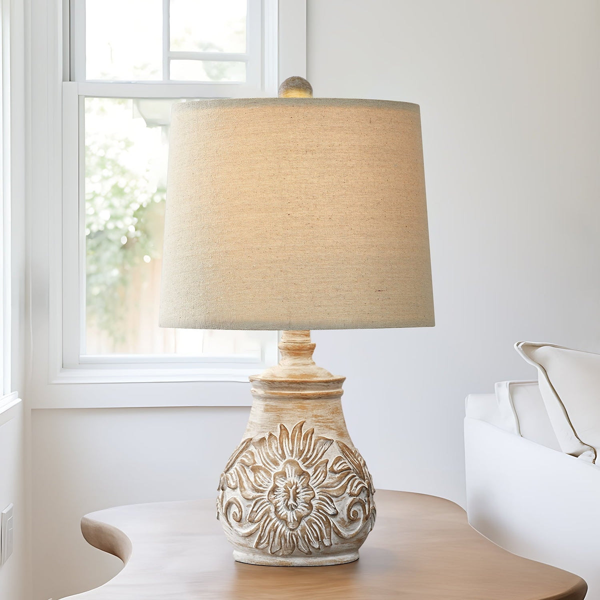 Oneach Retro Table Lamp - Hand-Carved Floral Wood Base & Fabric Shade