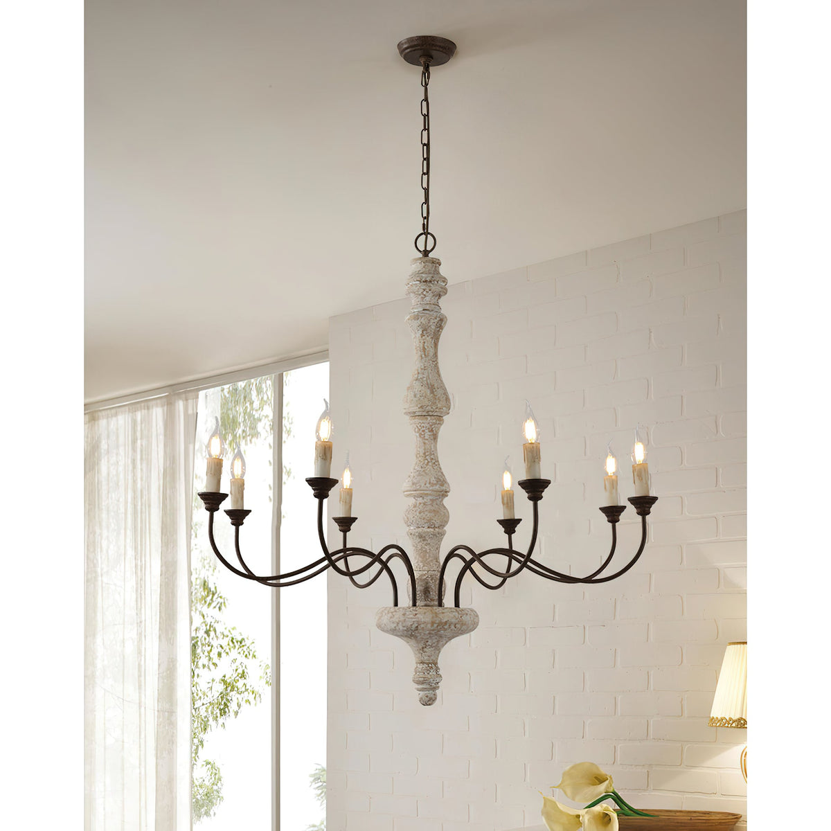 Ophelia 8-Light Candle Chandelier - Rustic Old-White Wood & Rust Metal
