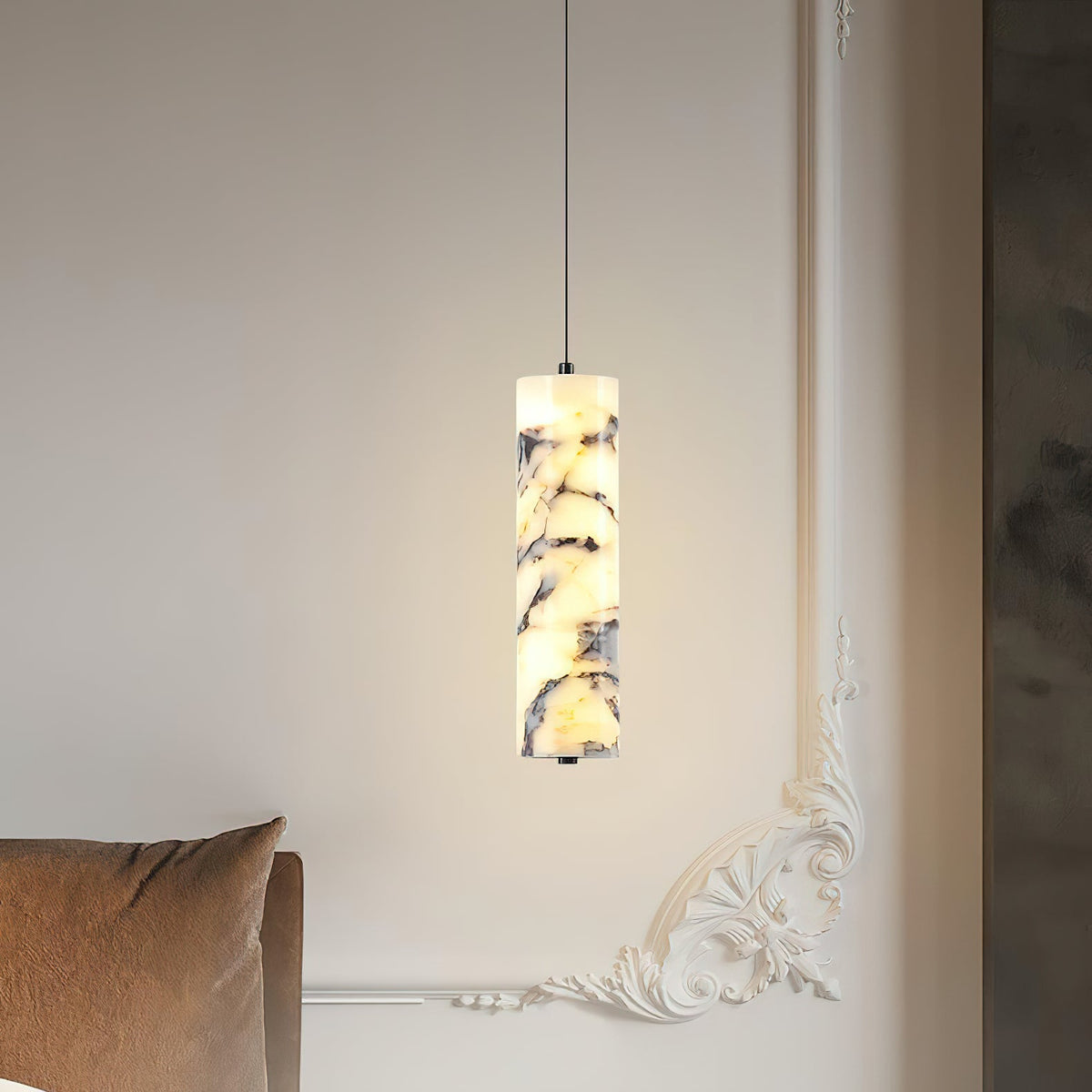 Opus Marble Pendant Lamp - Hand-Carved Bvlgari Marble Cylinder Light | Bowielight