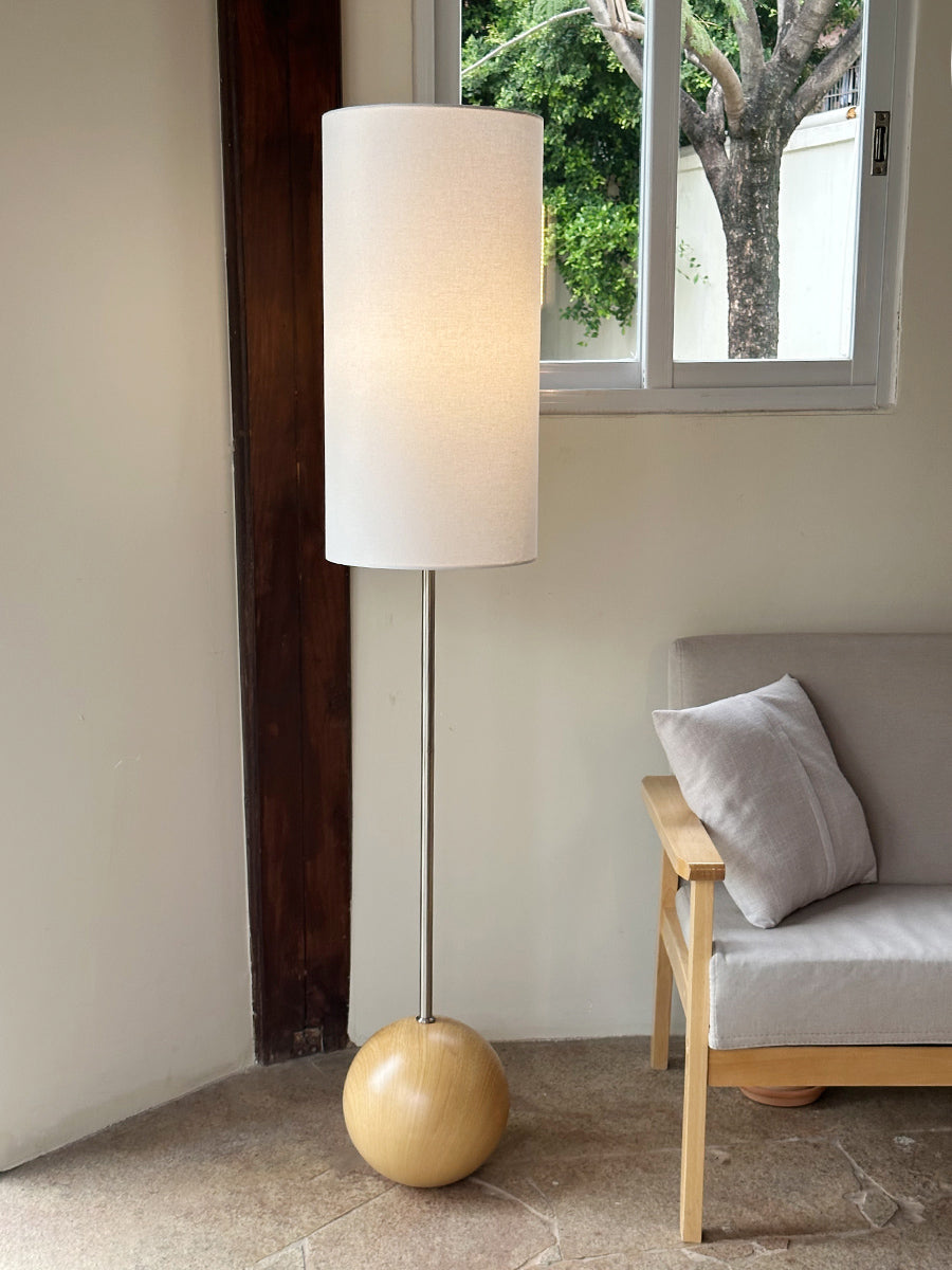 Orbis Wooden Sphere Floor Lamp - Mid-Century Modern Wood Base & Fabric Lamp |
