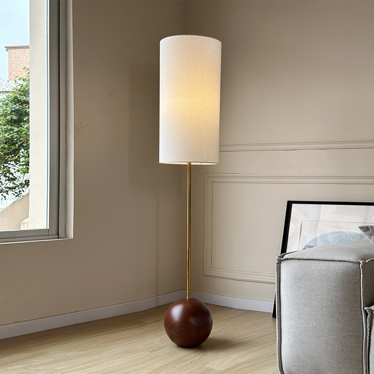 Orbis Wooden Sphere Floor Lamp - Mid-Century Modern Wood Base & Fabric Lamp |