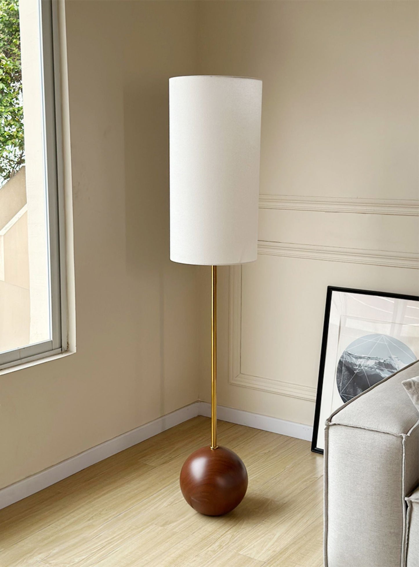 Orbis Wooden Sphere Floor Lamp - Mid-Century Modern Wood Base & Fabric Lamp |